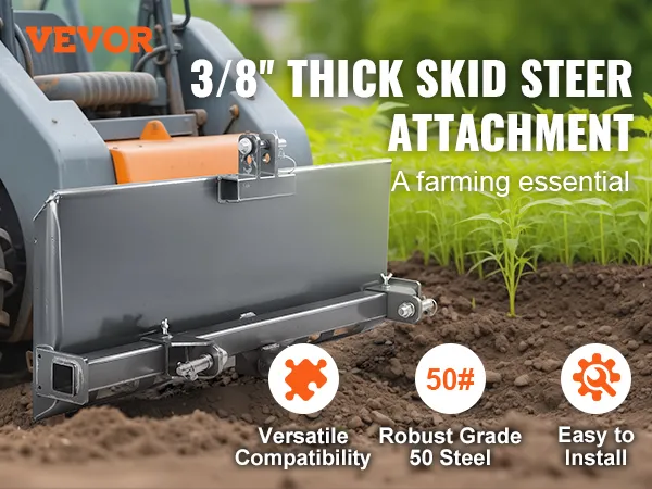VEVOR skid steer attachment plate in use, highlighting versatility, robust steel, and easy installation.