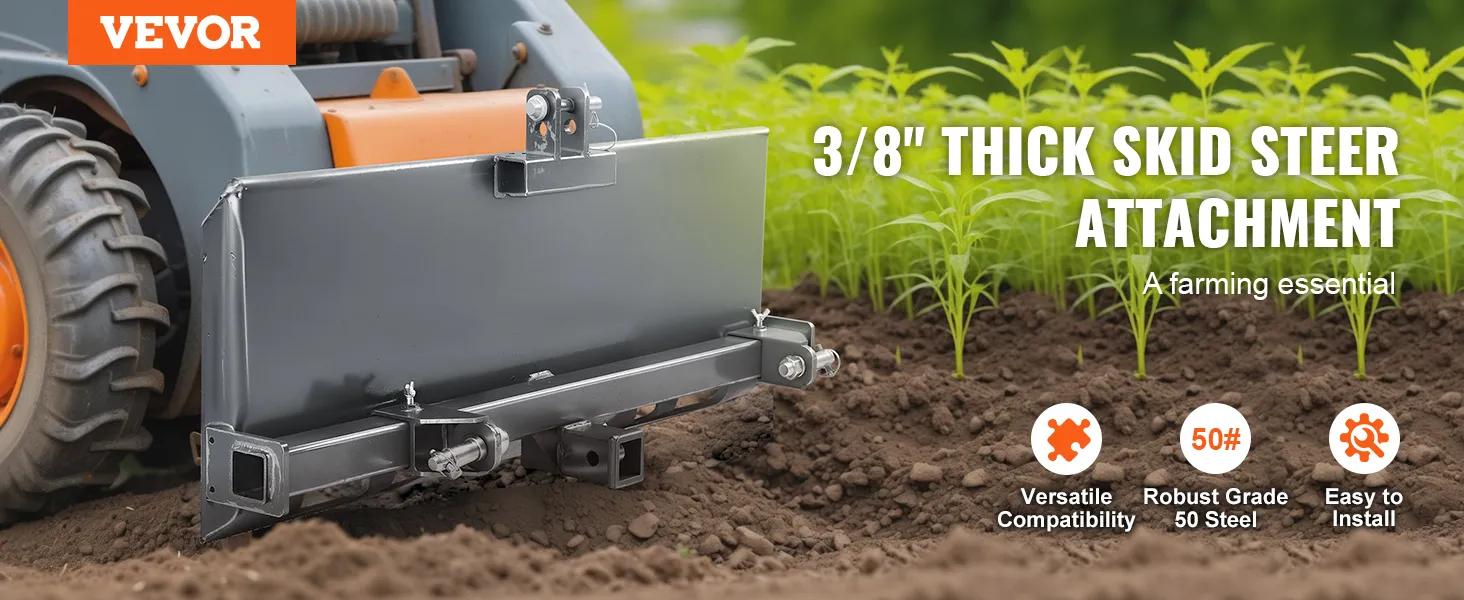 VEVOR skid steer attachment plate in use, highlighting versatility, robust steel, and easy installation.