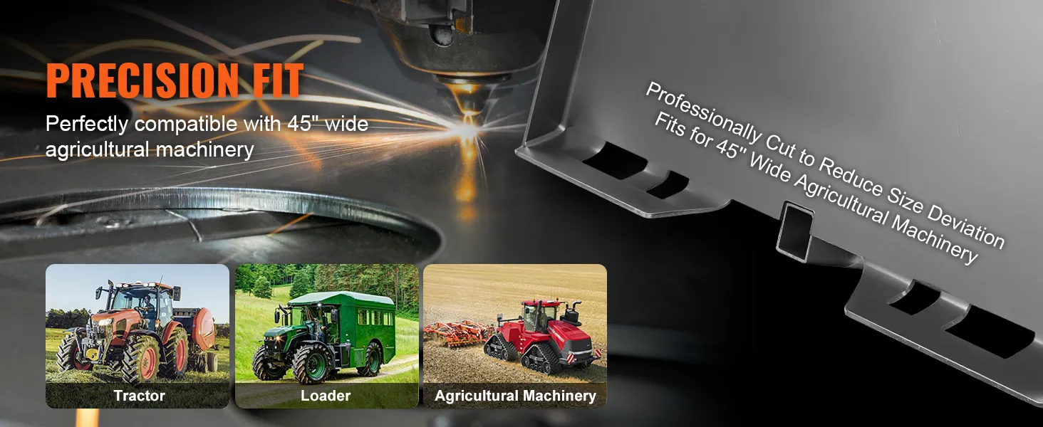 precision-fit VEVOR skid steer attachment plate for 45" wide agricultural machinery with tractors and loaders.