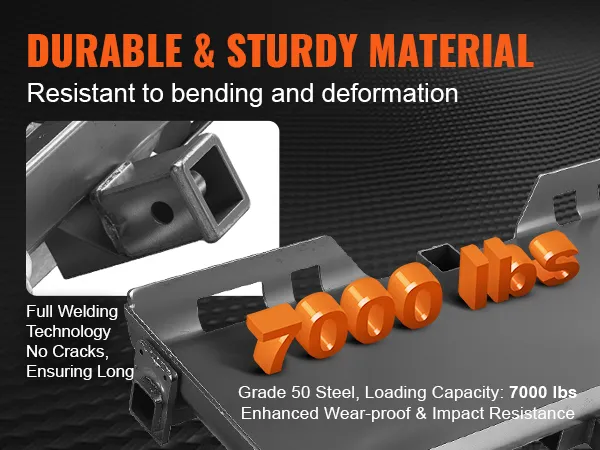 durable VEVOR skid steer attachment plate, grade 50 steel, 7000 lbs capacity, full welding technology.