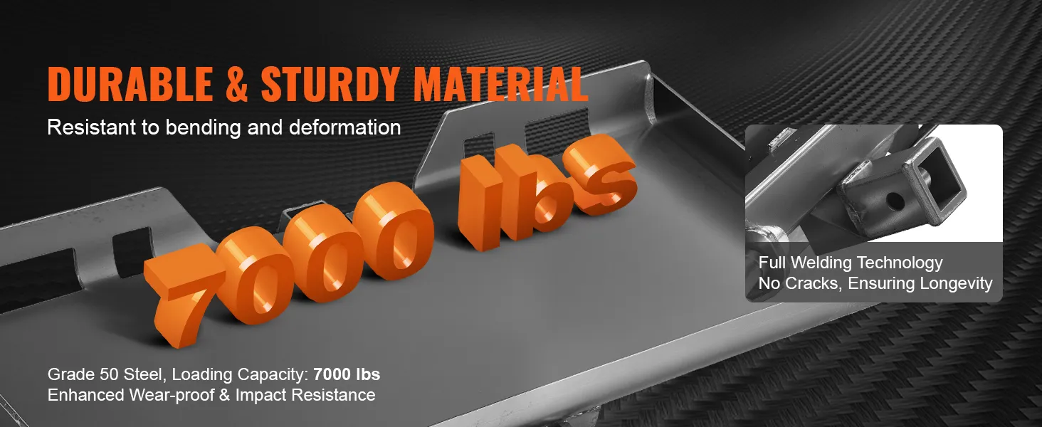 durable VEVOR skid steer attachment plate, grade 50 steel, 7000 lbs capacity, full welding technology.
