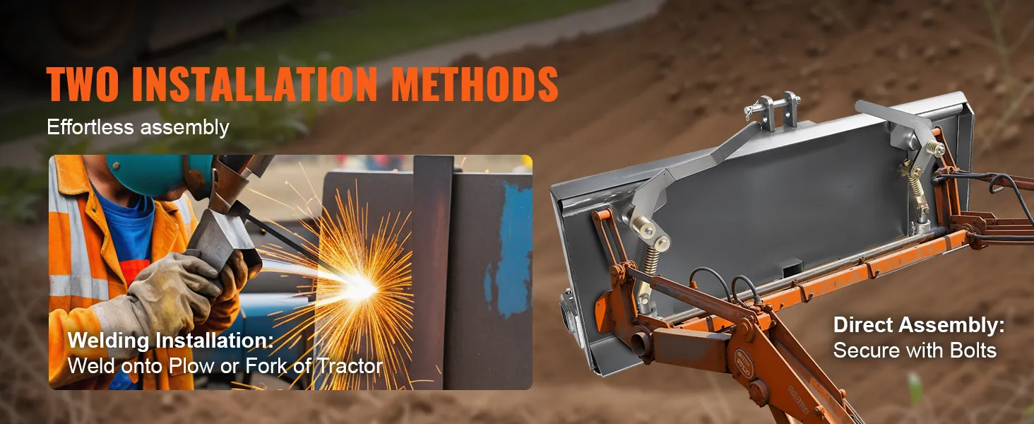 welding and bolt options for installing VEVOR skid steer attachment plate on tractors and plows.