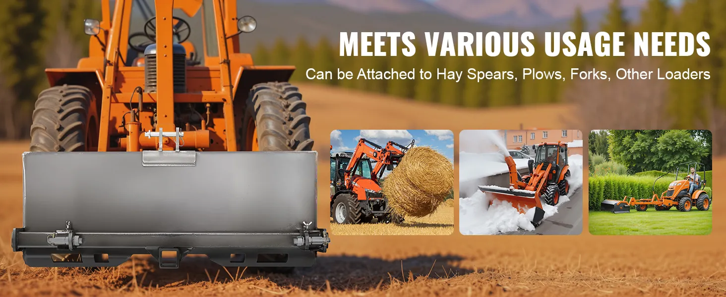 VEVOR skid steer attachment plate on an orange tractor with various usage options like hay spears and plows.