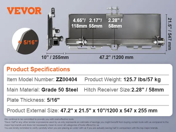 VEVOR skid steer plate specs: 47.2"x21.5"x10", grade 50 steel, 125.7 lbs, 5/16" plate thickness