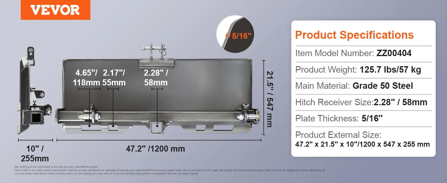 VEVOR skid steer plate specs: 47.2"x21.5"x10", grade 50 steel, 125.7 lbs, 5/16" plate thickness