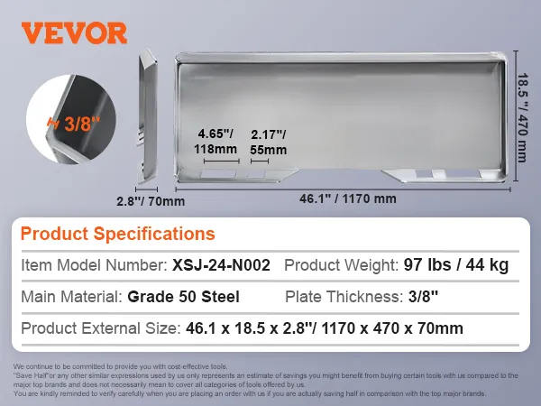 VEVOR skid steer attachment plate dimensions and specifications on gray background.