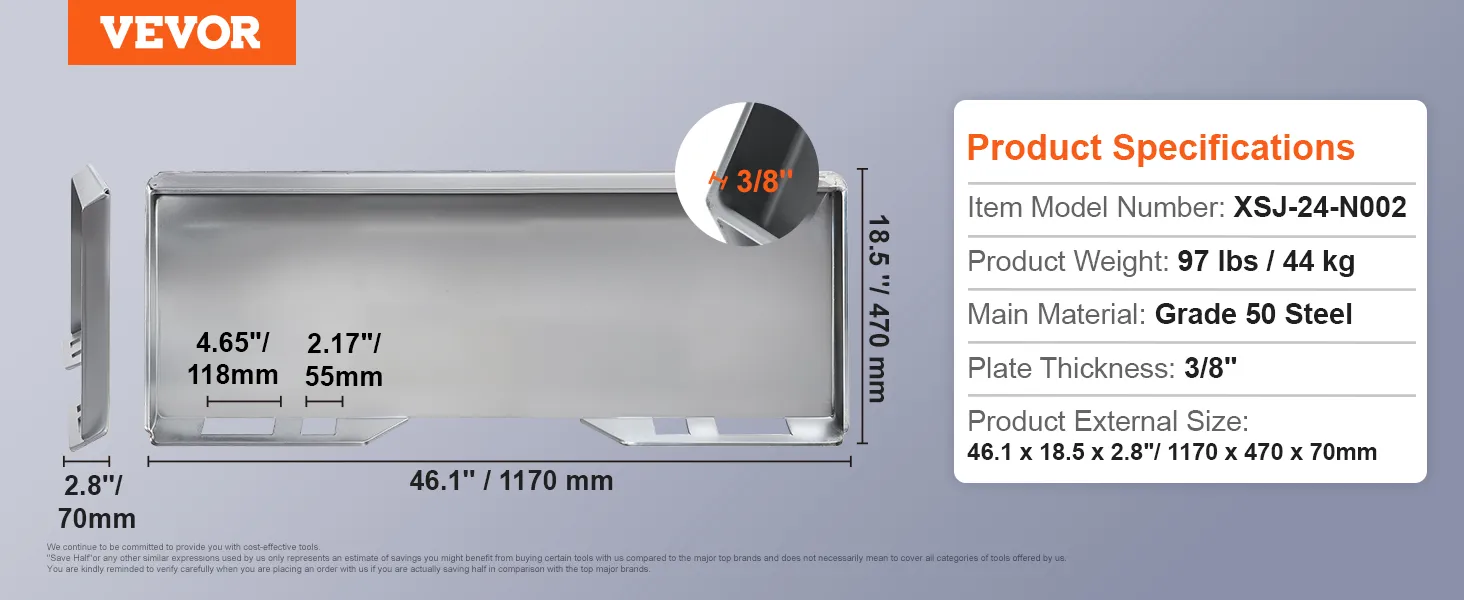 VEVOR skid steer attachment plate dimensions and specifications on gray background.