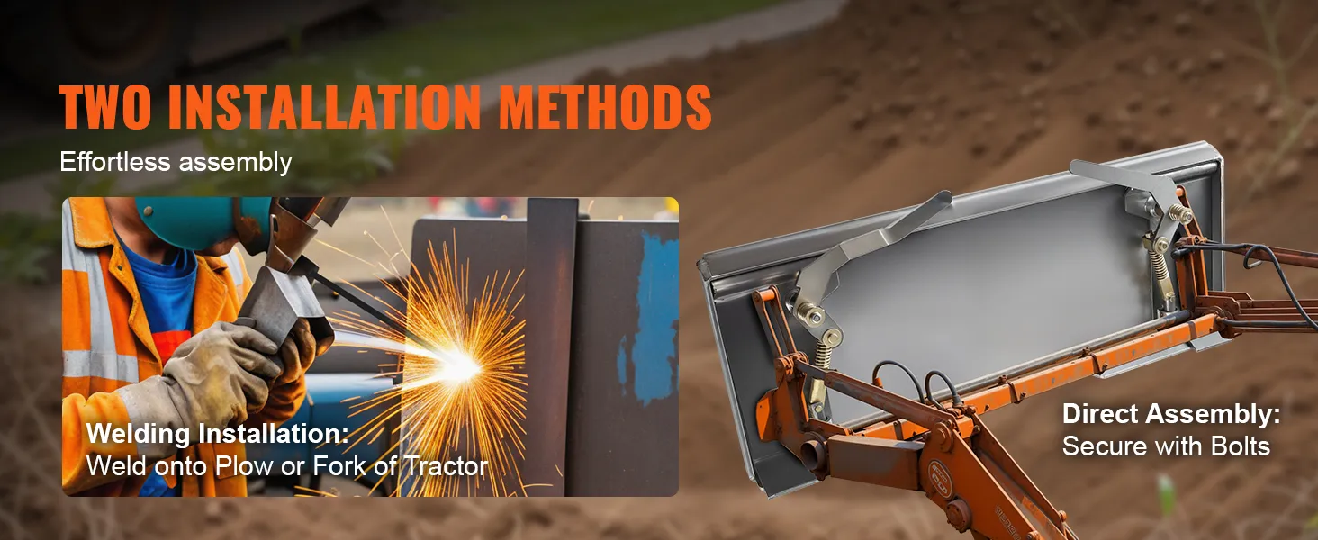 two installation methods for VEVOR skid steer attachment plate: welding or direct assembly with bolts.