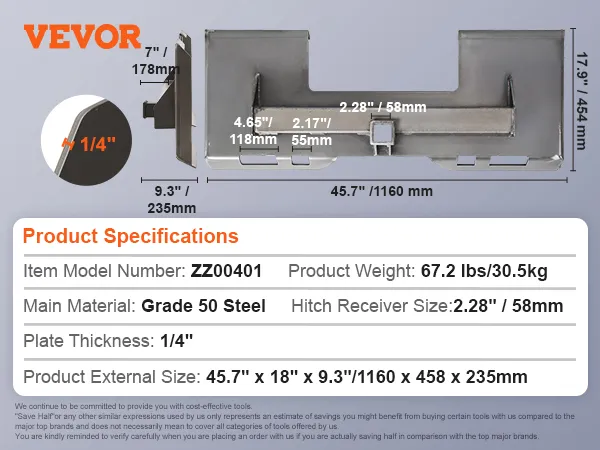 VEVOR skid steer attachment plate specifications with dimensions and material details. grade 50 steel.