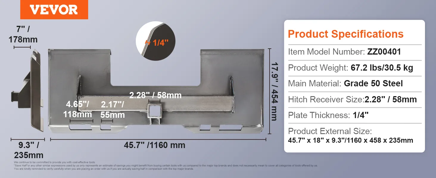 VEVOR skid steer attachment plate specifications with dimensions and material details. grade 50 steel.