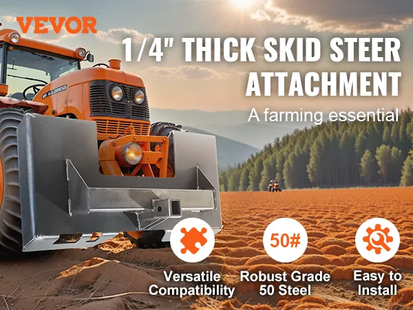 VEVOR skid steer attachment plate on an orange tractor in a farm field, emphasizing versatility and durability.