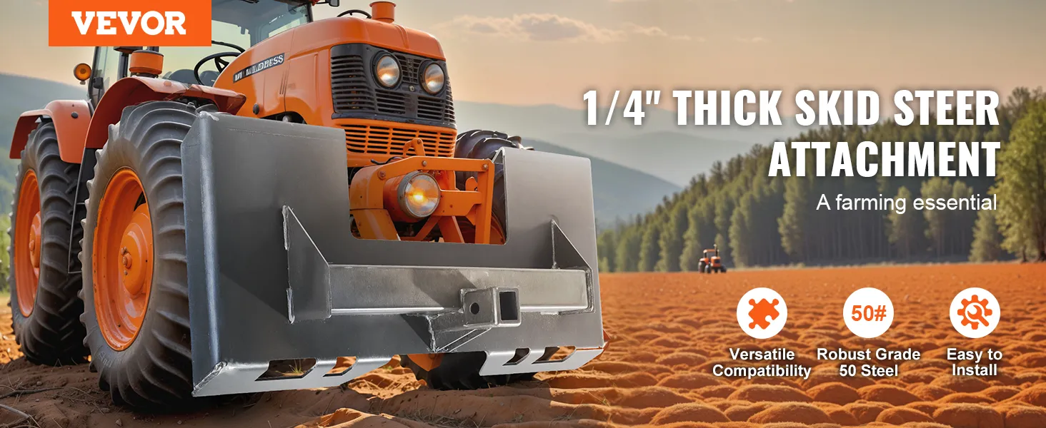 VEVOR skid steer attachment plate on an orange tractor in a farm field, emphasizing versatility and durability.
