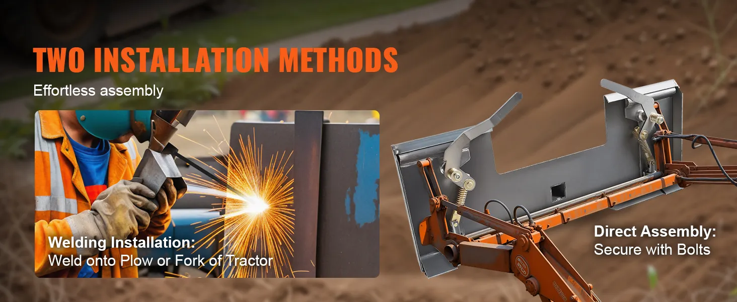 VEVOR skid steer attachment plate installation: welding and bolt assembly methods.