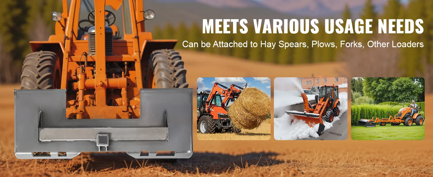 VEVOR skid steer attachment plate on orange tractor, showcasing hay, snow plow, and landscaping tasks.