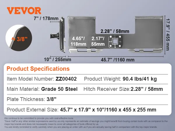 Afmetingen, specificaties en close-up van een plaatdikte van 3/8 inch voor de bevestigingsplaat van VEVOR skid steer.