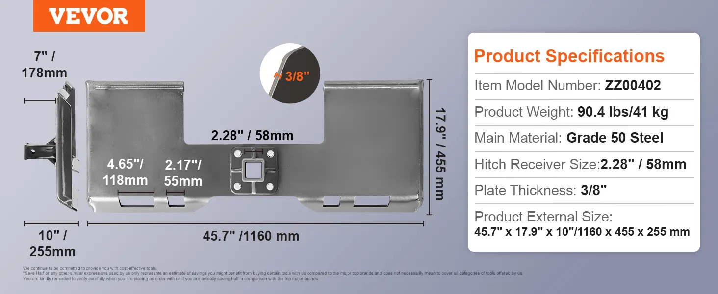 Afmetingen, specificaties en close-up van een plaatdikte van 3/8 inch voor de bevestigingsplaat van VEVOR skid steer.