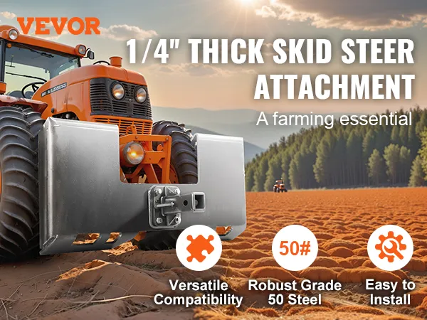 VEVOR skid steer-bevestigingsplaat op een oranje tractor in een veld met bomen en bergen op de achtergrond.