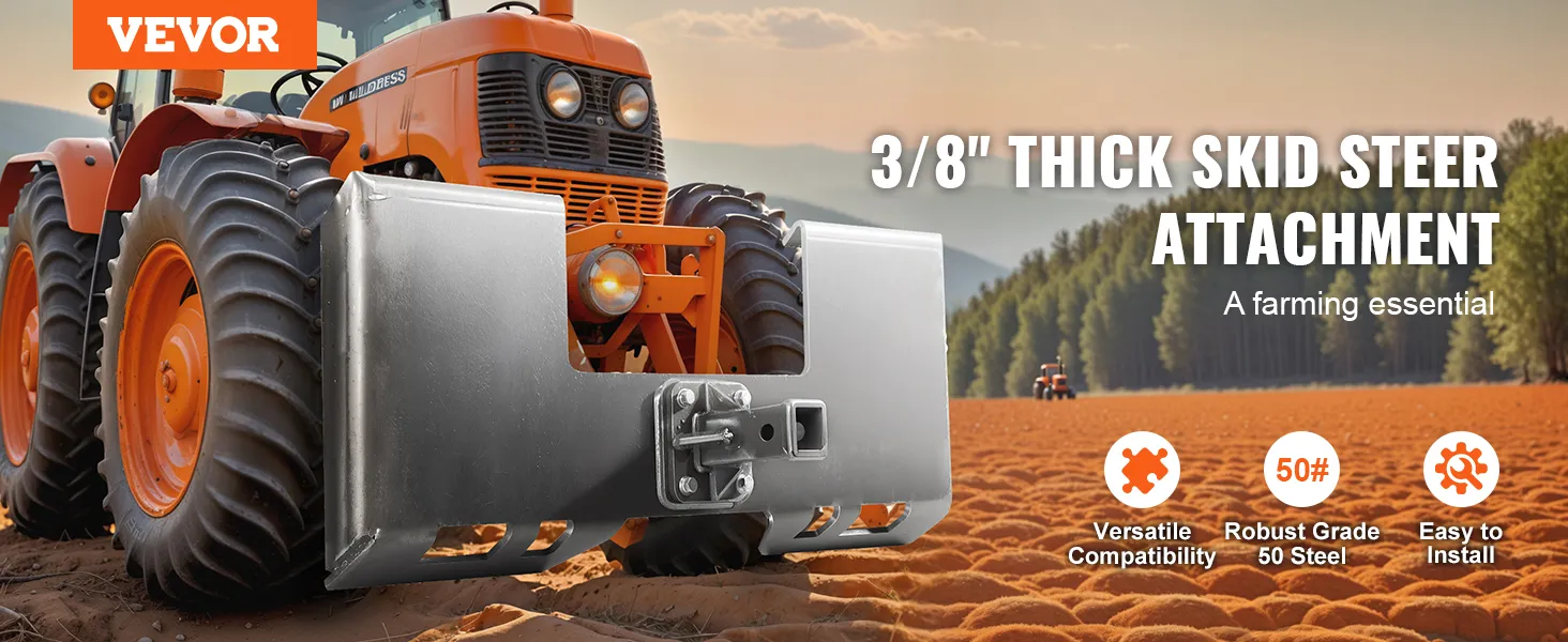 VEVOR skid steer-bevestigingsplaat op een oranje tractor in een veld met bomen en bergen op de achtergrond.