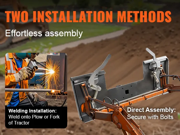 Twee installatiemethoden voor de VEVOR skid steer bevestigingsplaat: lassen of directe montage met bouten.