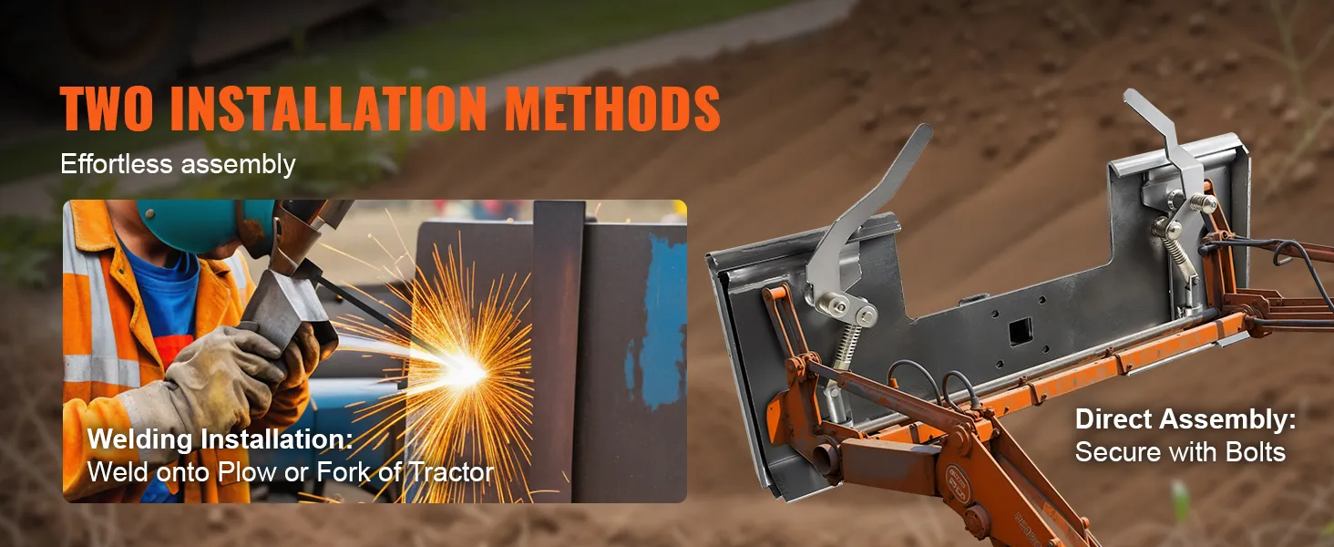 Twee installatiemethoden voor de VEVOR skid steer bevestigingsplaat: lassen of directe montage met bouten.