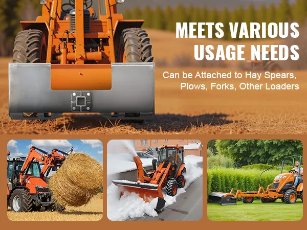 Oranje tractor met VEVOR skid steer bevestigingsplaat, afgebeeld met hooivork, sneeuwschuiver en gereedschap voor gazononderhoud.