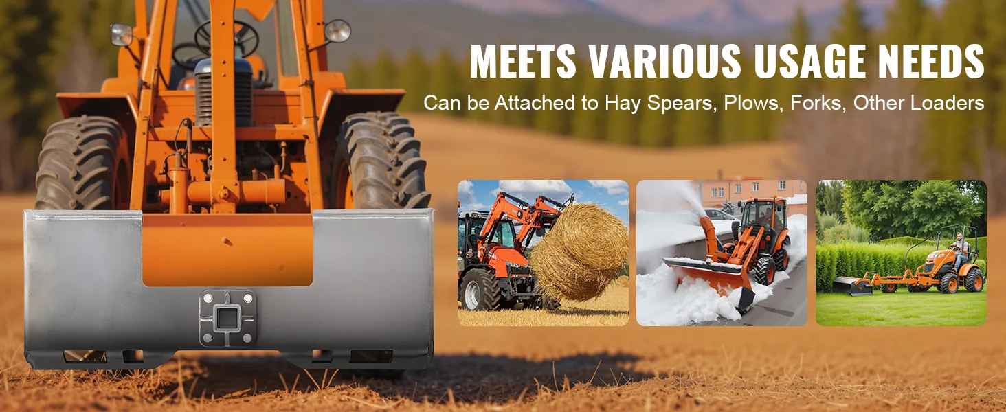 Oranje tractor met VEVOR skid steer bevestigingsplaat, afgebeeld met hooivork, sneeuwschuiver en gereedschap voor gazononderhoud.