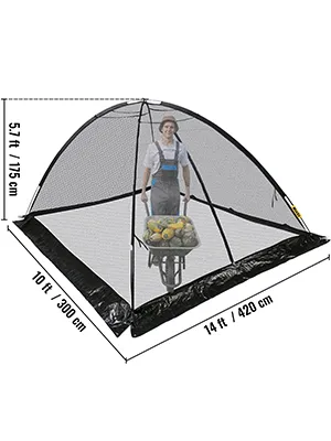 VEVOR pond cover dome with dimensions 14ft x 10ft x 5.7ft. features netting and metal frame.