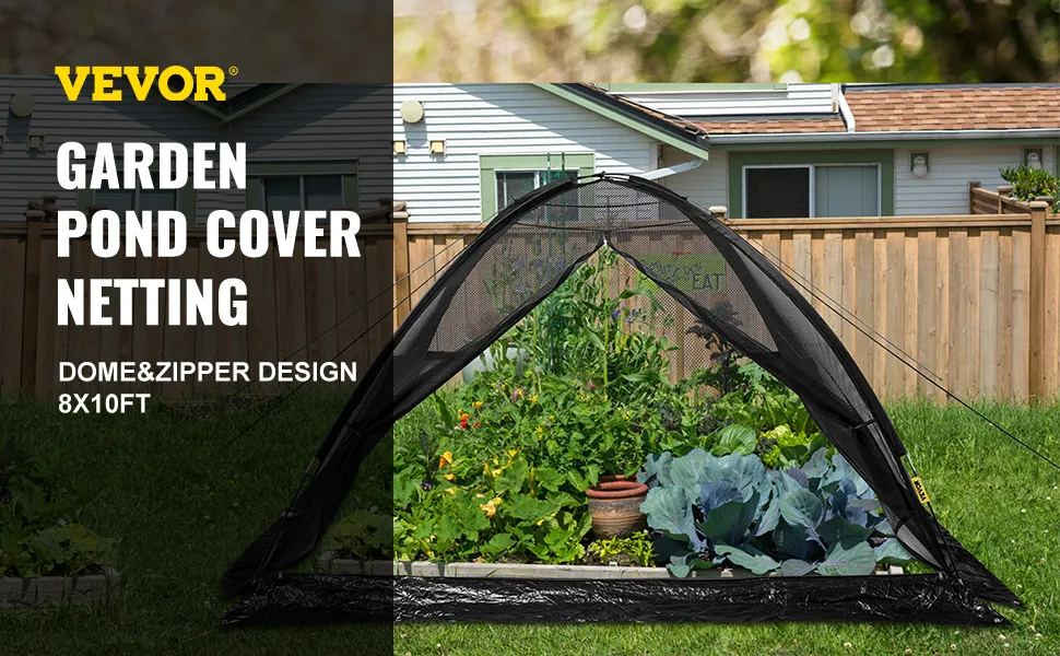 VEVOR pond cover netting over garden with dome and zipper design, 8x10ft.