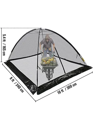 VEVOR pond cover; dimensions: 10 ft x 8 ft x 5.4 ft; man working underneath.