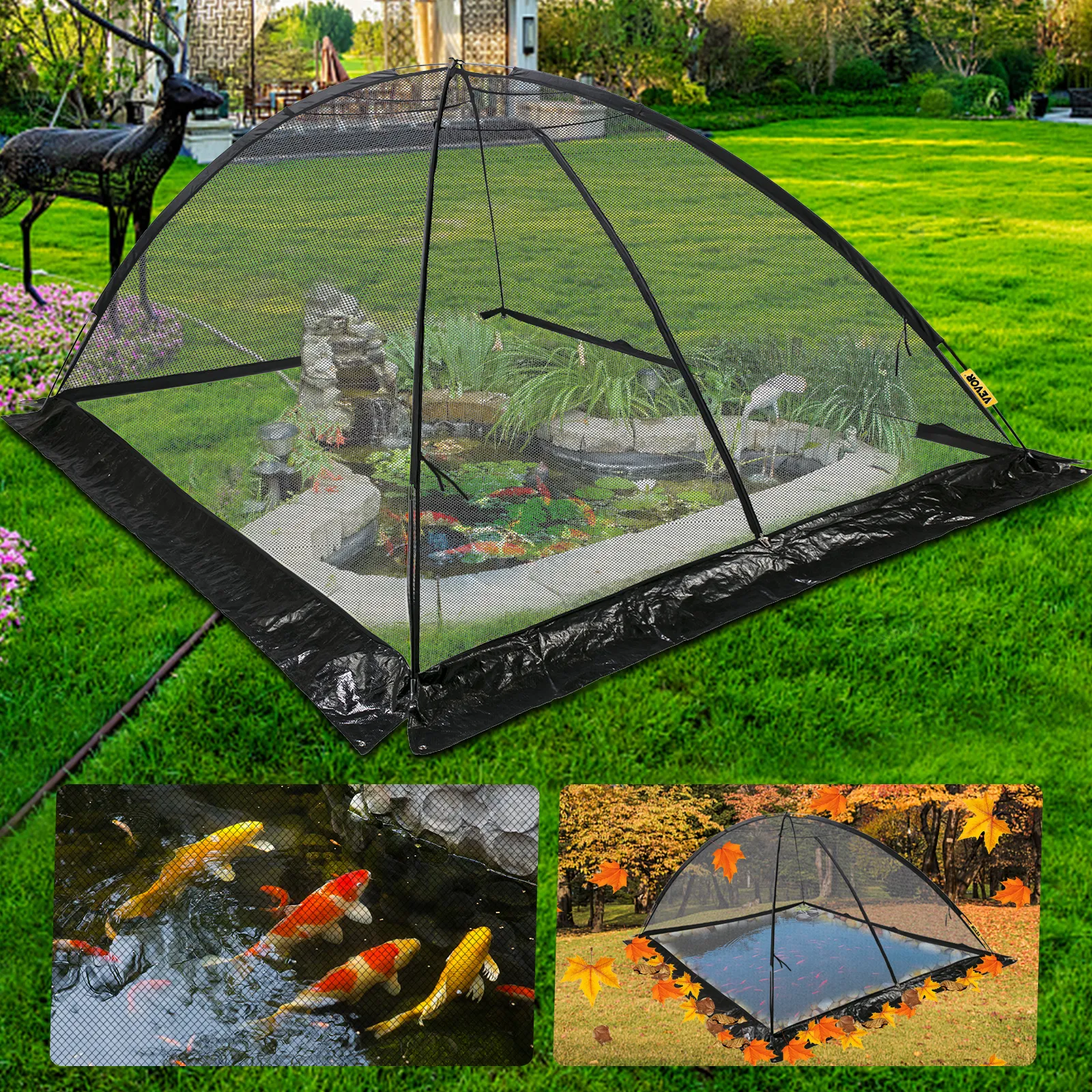 VEVOR pond cover protecting a fish pond in a lush garden, highlighting koi fish and autumn leaves.