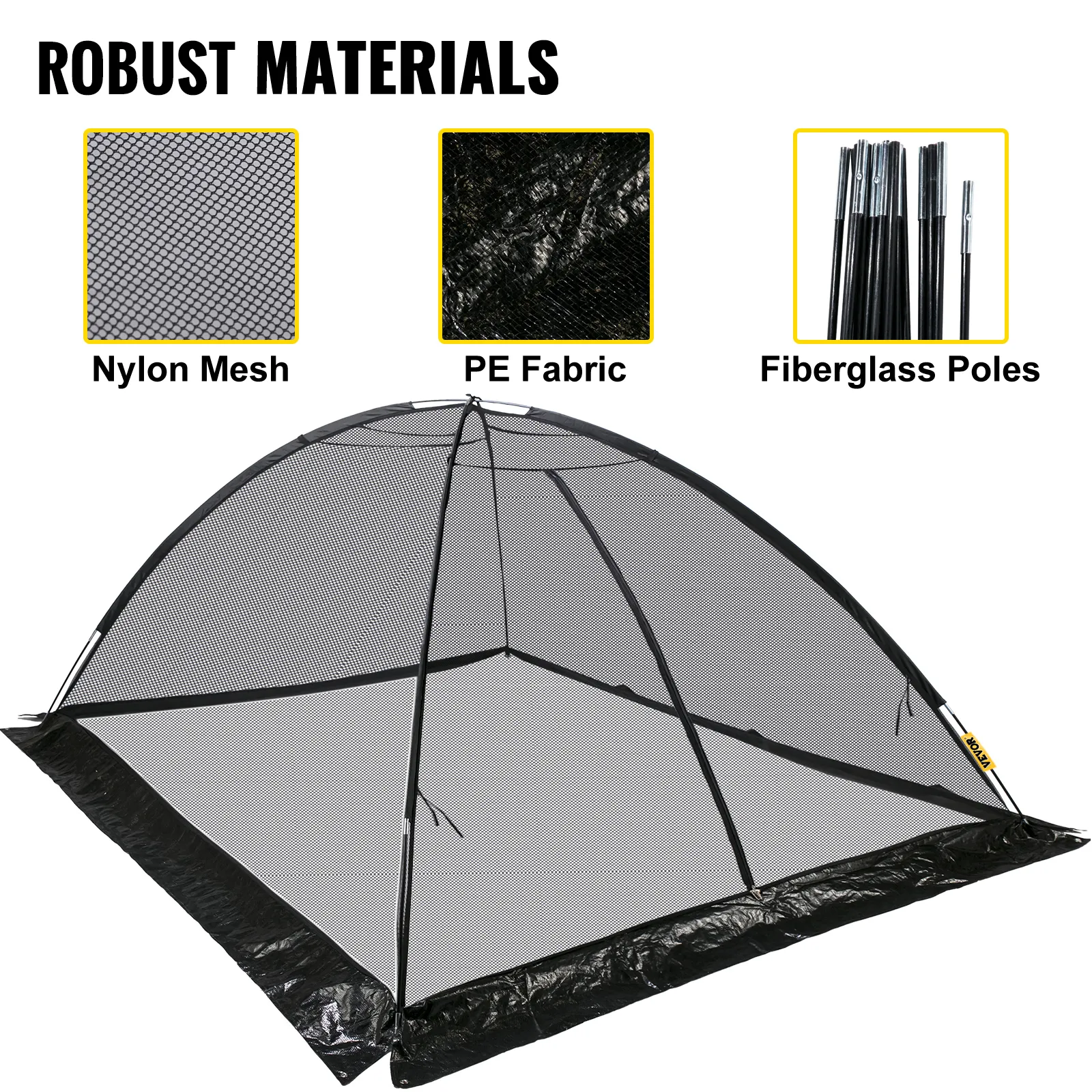 VEVOR pond cover with nylon mesh, pe fabric, and fiberglass poles for robust materials.