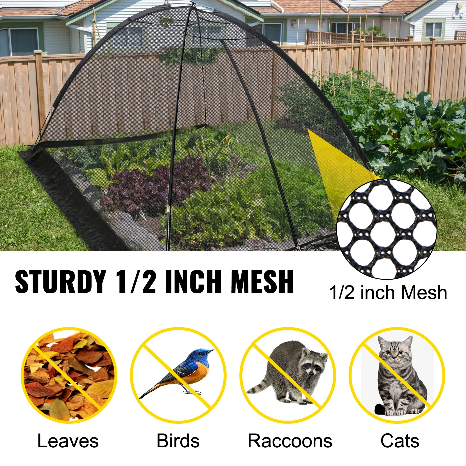 VEVOR pond cover with 1/2 inch mesh keeps leaves, birds, raccoons, and cats away.