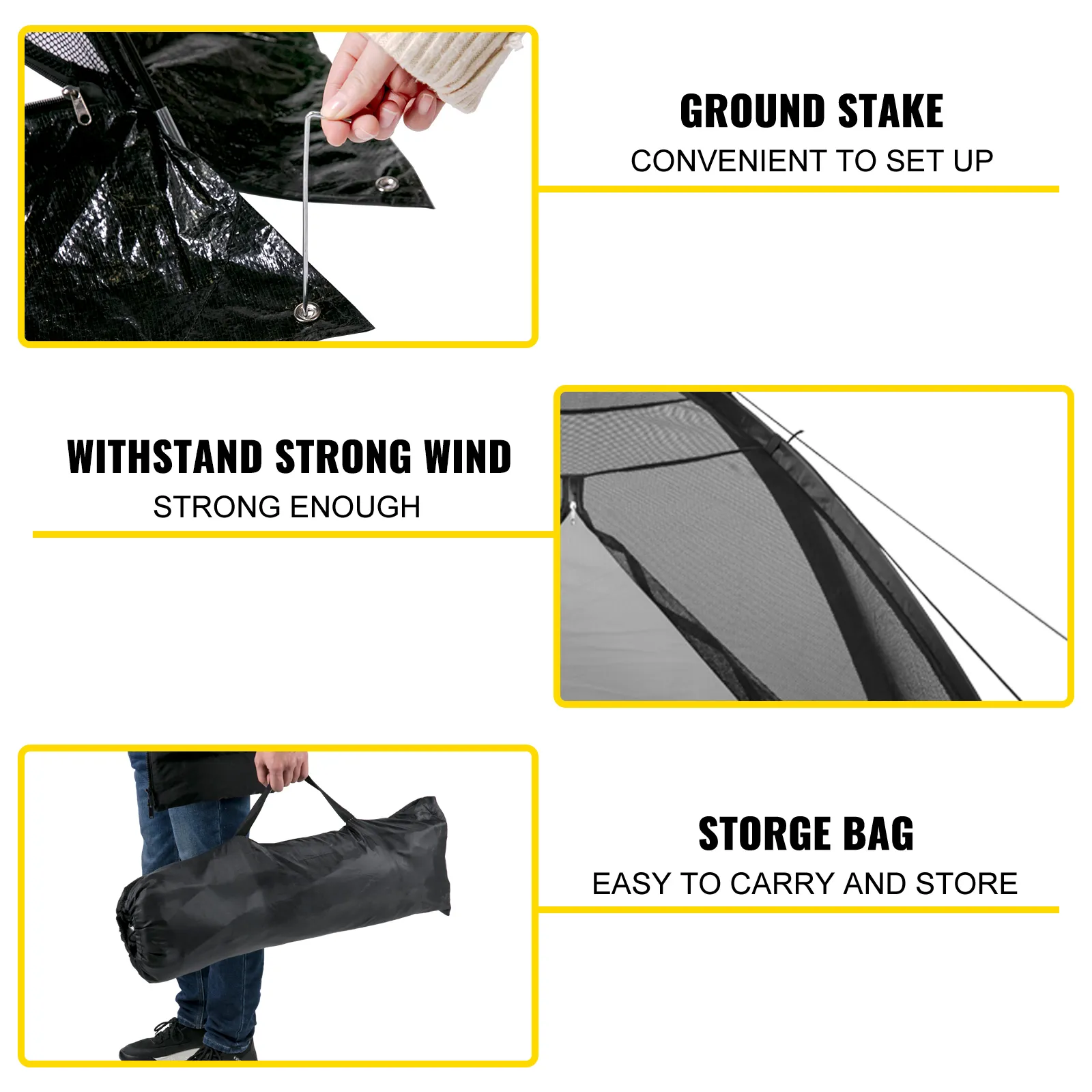 ground stake, sturdy mesh, and storage bag for the VEVOR pond cover.