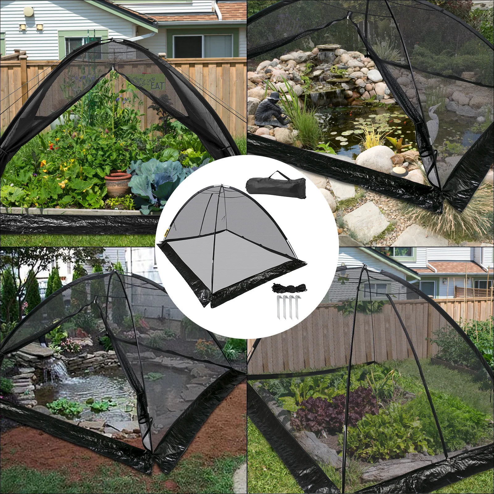 VEVOR pond cover protecting garden beds and ponds with netting in backyard settings.