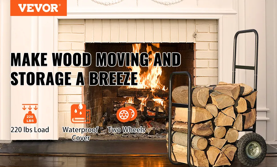 VEVOR-Brennholzwagen für einen gemütlichen Kamin, beladen mit Holzscheiten, mit 100 kg Tragkraft und wasserdichter Abdeckung.