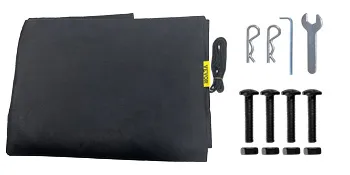 Komponenten des Brennholzwagens von VEVOR: Bolzen, Schraubenschlüssel, Stifte, schwarzer Stoff und Artikel mit der Marke VEVOR.