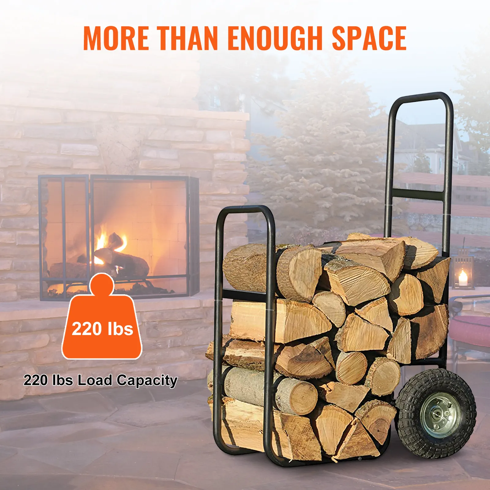 VEVOR-Brennholzwagen mit großer Tragfähigkeit von 220 lbs, neben dem Außenkamin mit gestapelten Holzscheiten.