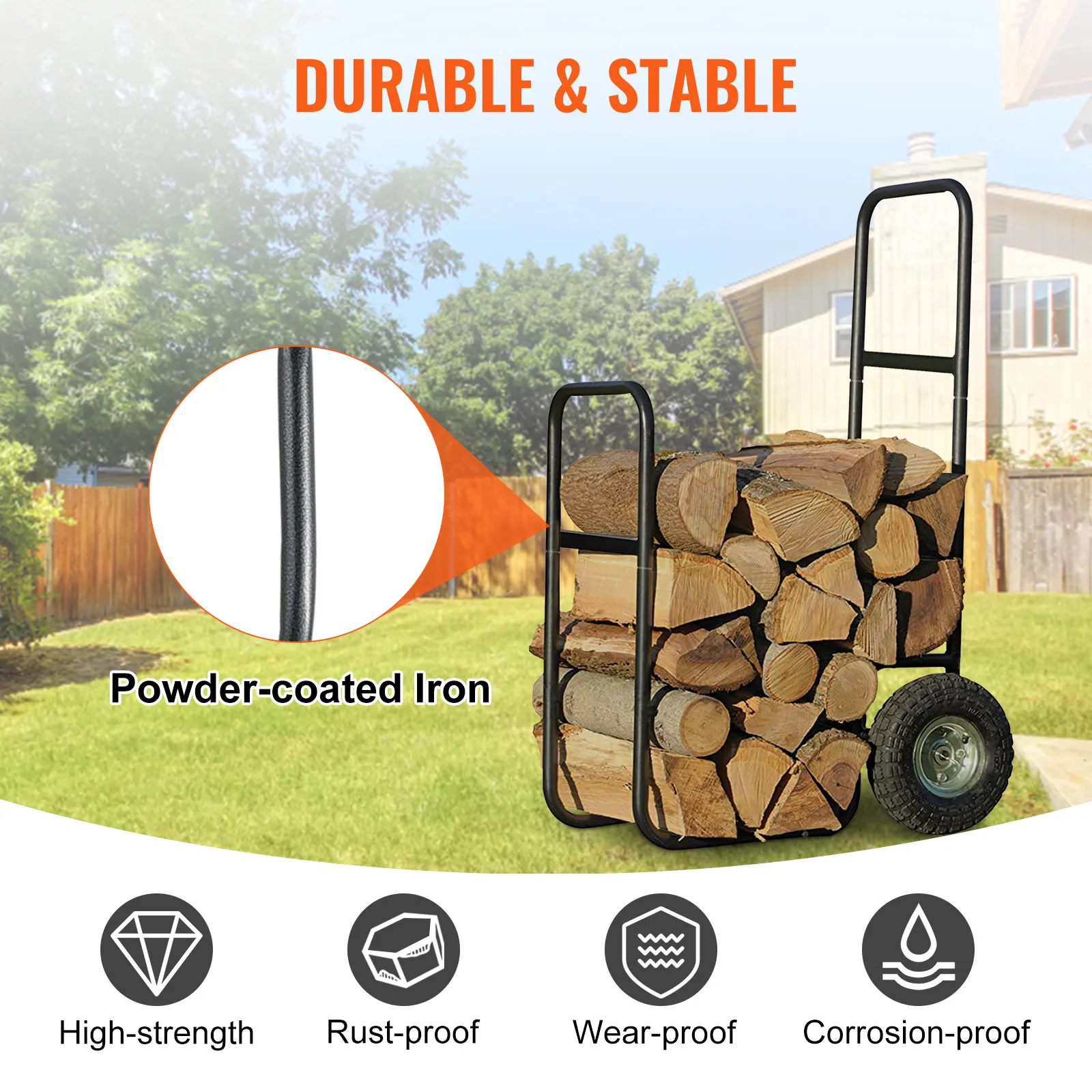 Mit Holzstämmen beladener Brennholzwagen von VEVOR in einem Hinterhof. Pulverbeschichtetes Eisen für lange Haltbarkeit.