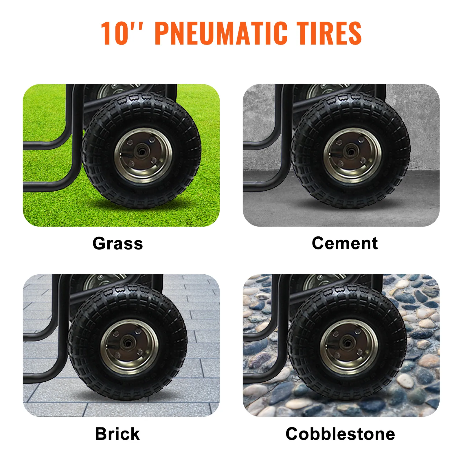 VEVOR-Brennholzwagen mit 10-Zoll-Luftreifen für Gras-, Zement-, Ziegel- und Kopfsteinpflasteroberflächen.