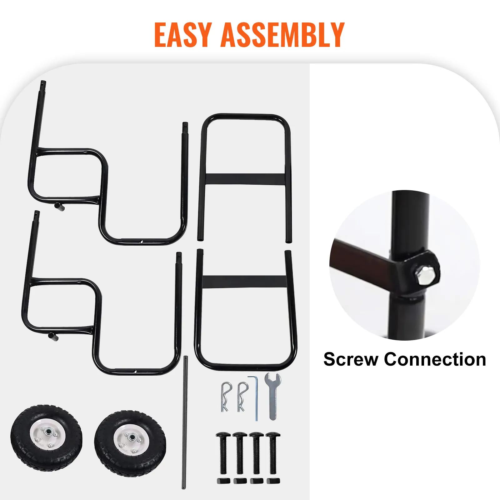 Teile für den Brennholzwagen von VEVOR, einschließlich Rahmen, Räder, Schrauben und Werkzeuge, mit dem Text „Einfache Montage“.