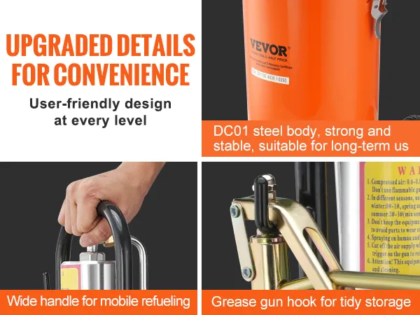 VEVOR grease pump details: mobile refueling handle, durable dc01 steel body, and hook for tidy storage.