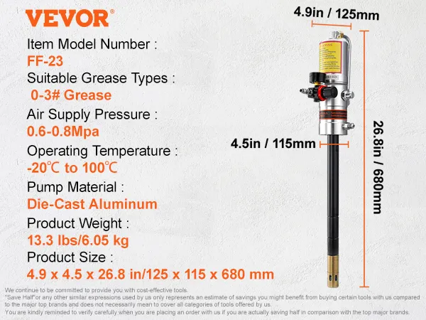 VEVOR grease pump ff-23, die-cast aluminum, 0-3# grease, 0.6-0.8mpa, includes pressure valve, grease gun, hose.