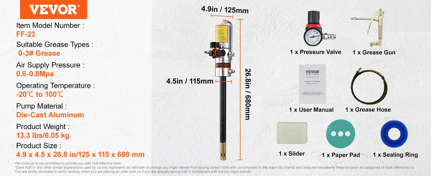 VEVOR grease pump ff-23, die-cast aluminum, 0-3# grease, 0.6-0.8mpa, includes pressure valve, grease gun, hose.