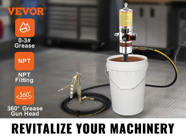 VEVOR grease pump in a garage setting with 360° grease gun head and npt fitting, easy filling.