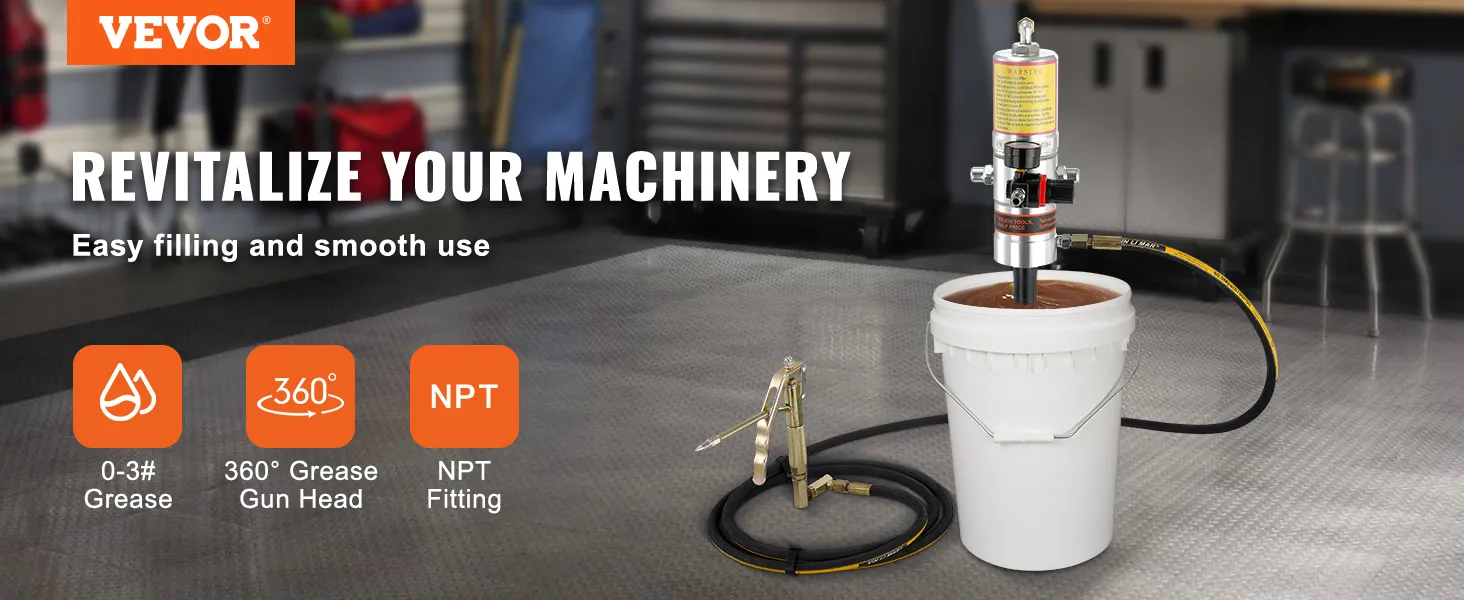 VEVOR grease pump in a garage setting with 360° grease gun head and npt fitting, easy filling.