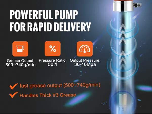 powerful VEVOR grease pump for rapid delivery, 500-740g/min output, 50:1 ratio, 30-40mpa pressure.