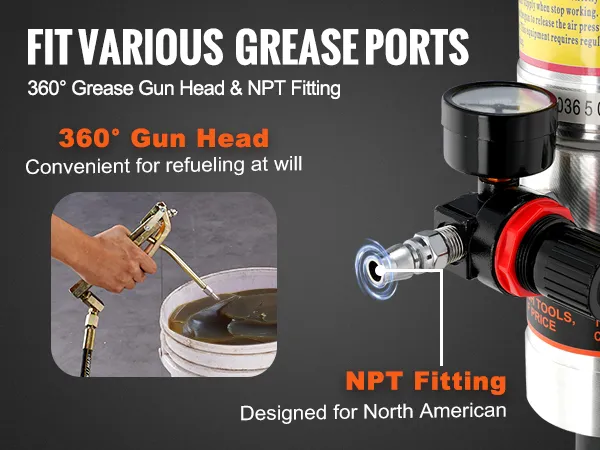 VEVOR grease pump with 360° grease gun head, npt fitting, and convenient refueling features.