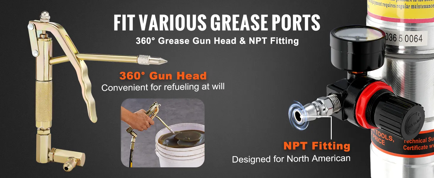 VEVOR grease pump with 360° grease gun head, npt fitting, and convenient refueling features.