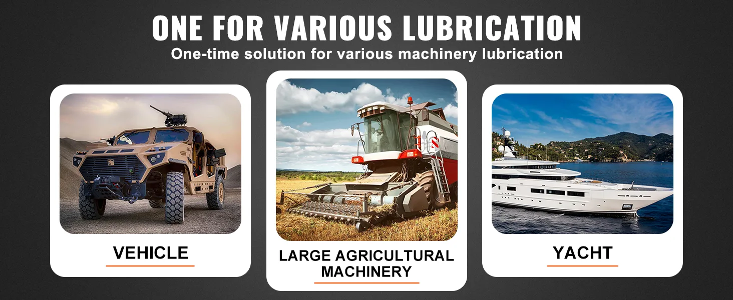 VEVOR grease pump lubrication solutions for vehicle, large agricultural machinery, and yacht.