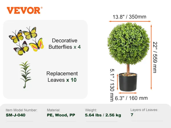VEVOR artificial boxwood ball, 22" tall, 13.8" wide, includes 4 decorative butterflies and 10 replacement leaves.